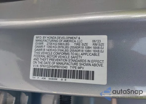 2023 Honda Pilot 2Wd Ex-L 7 Passenger from USA, damaged, VIN 5FNYG2H54PB010343